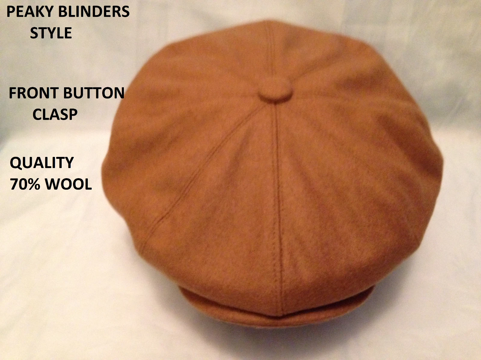 NEWSBOY BAKER BOY 8 PIECE WOOL CAP AKA PEAKY BLINDER PAPERBOY CABBY HAT CAMEL