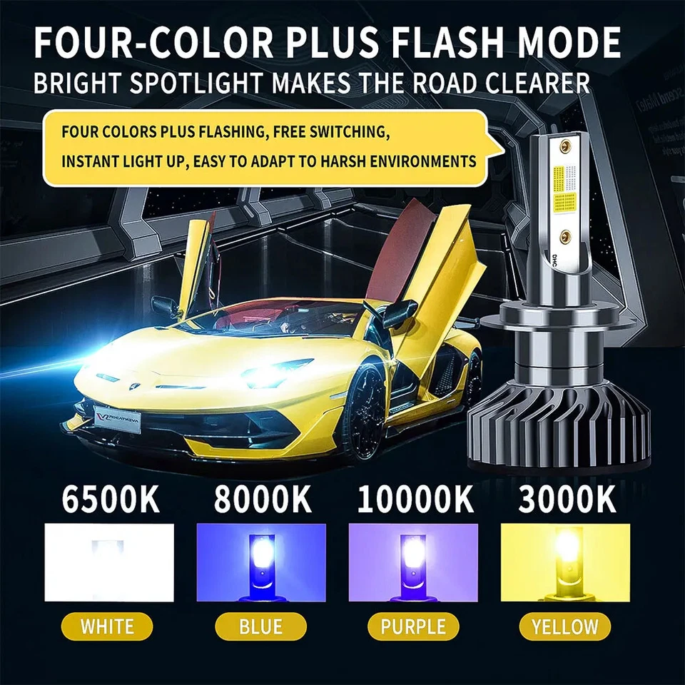4 Colors And Flash LED Car Headlights Auto H7 H4 H1 H3 H8 H9 H11 9005 9006 - Image 2 of 4