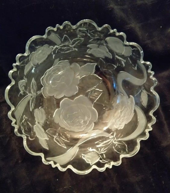 Crystal Bowl {Large} Serving Bowl By Studio Nova Japan, etched frosted rose patt eBay