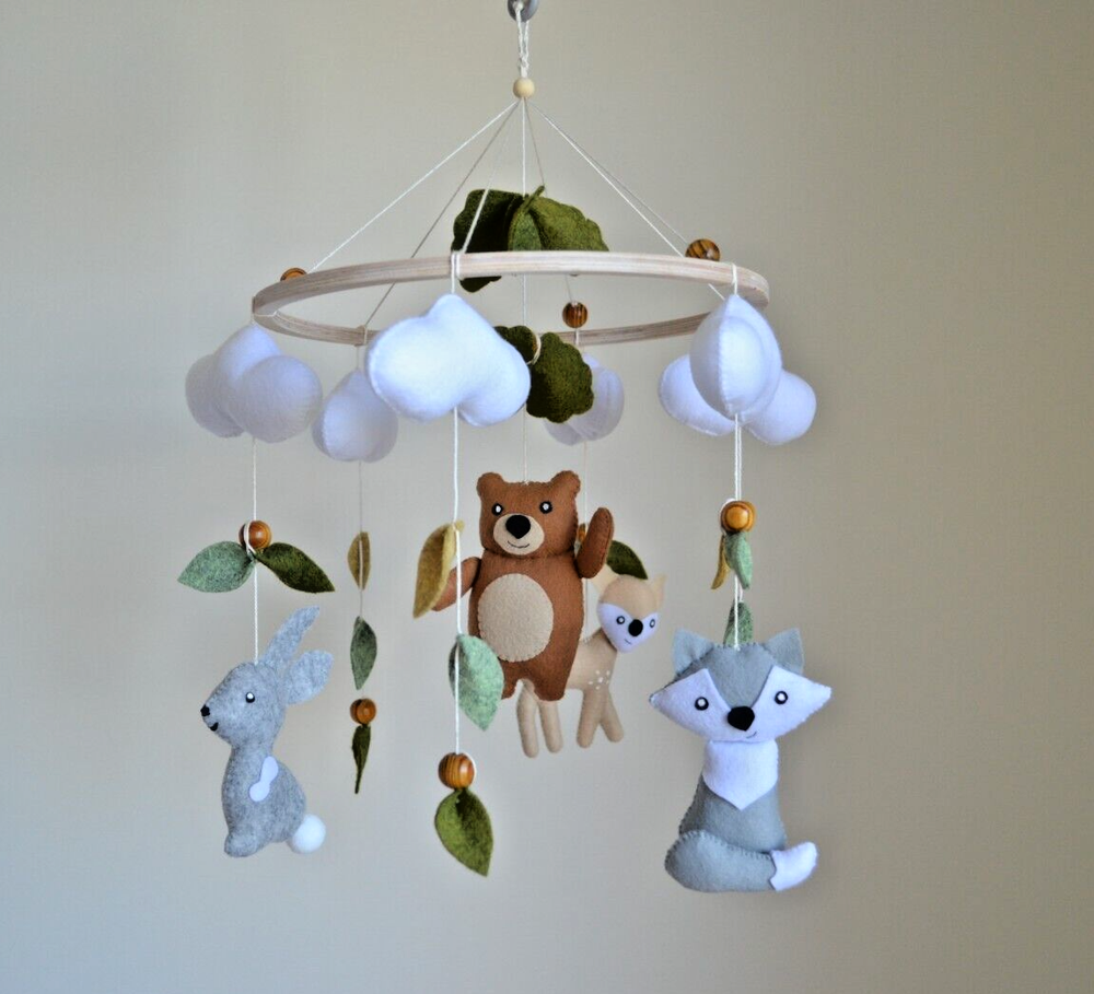 Woodland baby mobile, forest mobile, bear woolf mobile girl, crib mobile boy