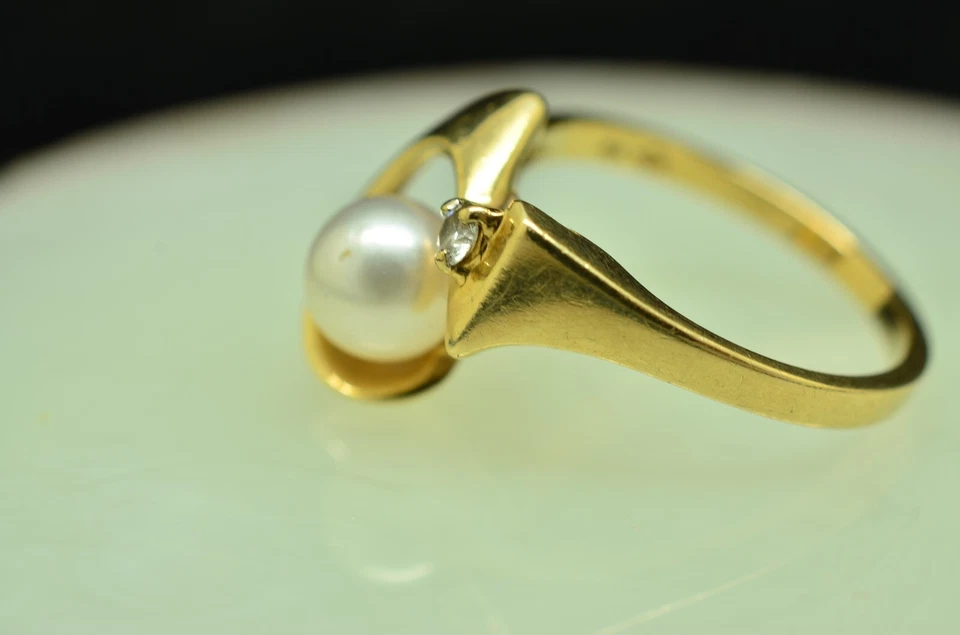 Anillo banda de diamantes y perlas blancas de oro amarillo de 14 K SGS talla 6,5 Foto 3 de 4