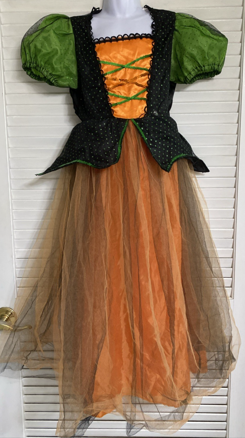 Whimsical Witch Gown Dress Costume for Kids in Orange Green Black - Child Medium