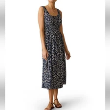 FAHERTY MIDI DRESS SUNSEEKER KNIT SCOOP NECK SLEEVELESS JUNIPER FLORAL IKAT EUC