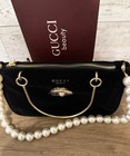 Gucci Beauty Black Fabric Makeup Bag Zipper with Pearl Strap Gold Hardware — photo 3