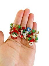 Christmas, 4 Stackable Stretchy Beaded Bracelets,  Happy  Christmas Tree Charm