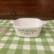 Rare Corning JCP J C Penney Casserole W/ Lid 43B Green Print Petit Pan 2&3/4 Cup