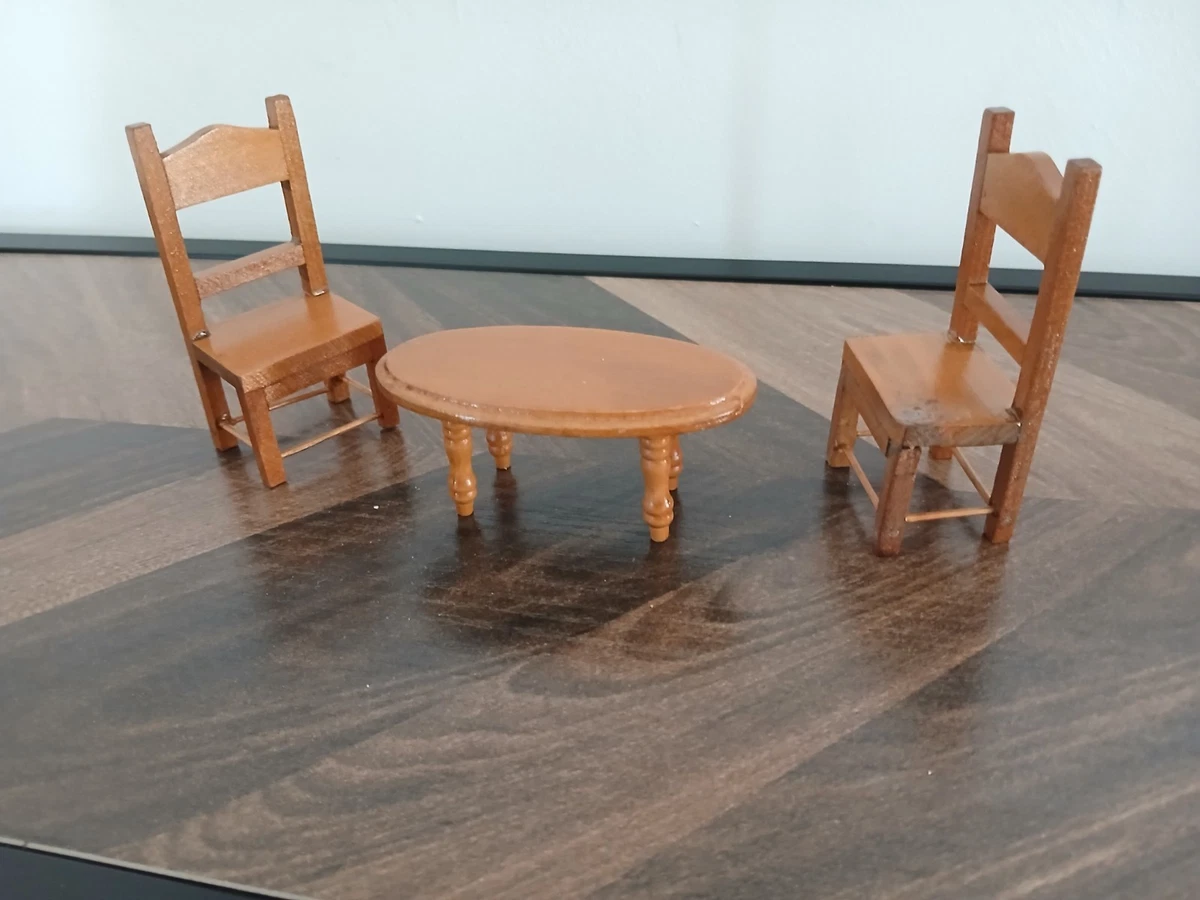 Salon Miniature Vintage 50's – Buffet, Table Et 2 Chaises En Bois – Échelle 1/2 – Occasion (usures Au Vernis)
