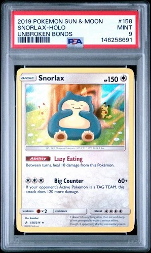 PSA 9 Snorlax Holo Rare Unbroken Bonds 2019 Pokemon Card #158