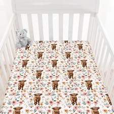 Highland Cow Floral Boho Fitted Standard Crib Sheet for Baby Girl, Retro West...