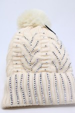 Ivory and Silver Knit Beanie with Pompom Winter Hat for Women One Size Beaded