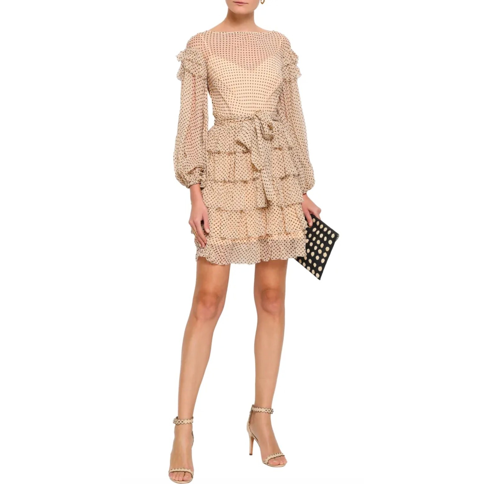 ZIMMERMAN Beige Polka Dot Ruffle Balloon Sleeve Silk Mini Dress Size US 6