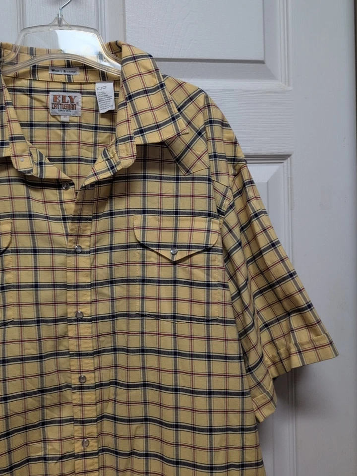 Camisa Western Ely Cattleman Talla 3X Amarillo Azul Cuadros Manga Corta Perla Broches de presión  Foto 3 de 4