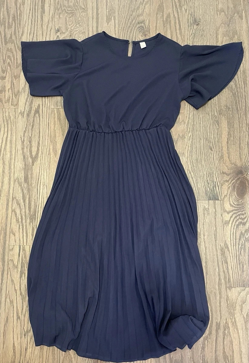 Women’s Blue Solid Pleated A-Line Midi Dress Flutter Short Sleeve XL