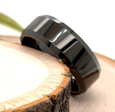 Shiny Beveled Edges Band Christmas Gifts 8mm Black Tungsten Proposal Ring