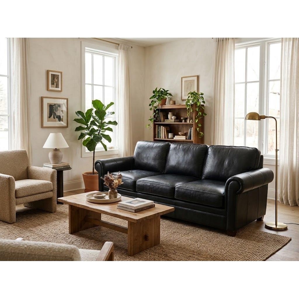 Hickorycraft Black Leather 3 Cushion Sofa Rolled Arm Traditional Couch 88in
