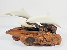 VTG John Perry Dolphin Family Sculpture Mounted on Polished Burlwood Base Art