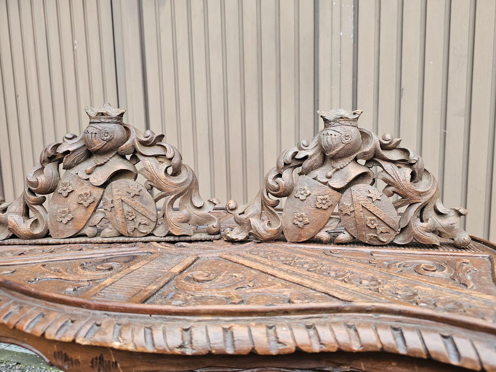 PAIR antique wood carving ornament knight escutcheon plaques