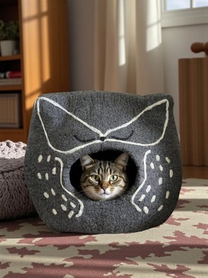 Handmade Gray Felt Cat Cave Bed - Cozy Wool House for Cats, & Small Pets