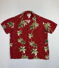 Paradise Found Shirt Mens Large Red Palm Tree Hawaiian Aloha Rayon Made Hawaii