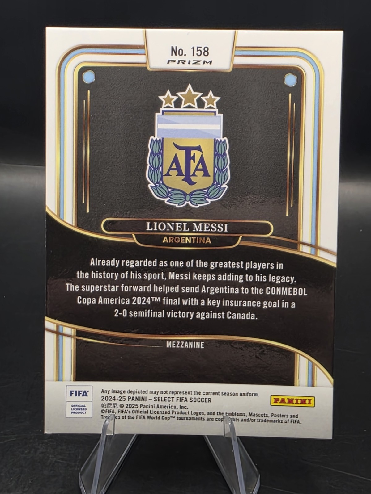 2024-25 Panini Select Fifa - Mezzanine Lionel Messi #158 Purple Mojo Prizm view 3