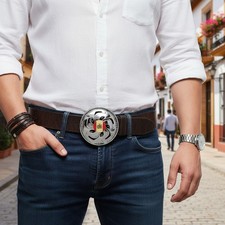 Men Women Silver Metal Belt Buckle Round Shape Spinning Spain Flag Casual Day