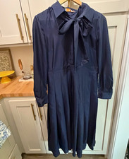 Tory Burch 2 Navy Solid Shirt Dress Collared Neck Bow Accent Long Sleeve