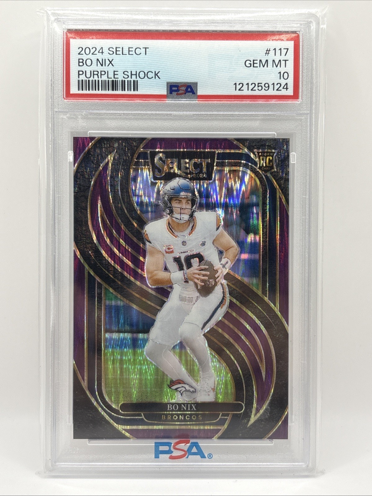2024 Panini Select-Premier Level Bo Nix #117 Purple Shock Prizm /360 PSA 10 (RC)