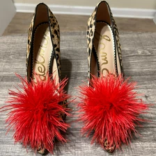 Sam Edelman Haide Pump Leopard Red Feather Pom Pom Heels Size 7.5 Statement