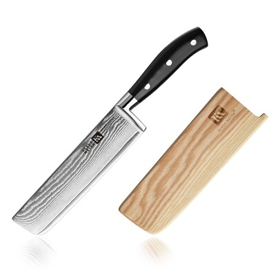 #ad Klaus Meyer Argos Damascus Steel 7 inch Nakiri Knife with Wood Sheath $57.69