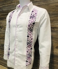 Mens Mexican Guayabera Wedding Dress Shirt White With Purple Flowers Embroidery