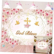 God Bless Backdrop for Girls First Holy Communion Baptism 7X5FT 82x59inch Pink