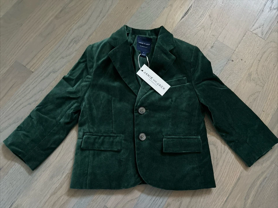 NWT Janie and Jack boy HOLIDAY WINTER 3-piece green velvet suit 2T 3T 4T TWINS - Image 2 of 4