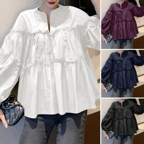 Women Ruffled Tiered Peplum Blouse Tunic Shirt Ladies Puff Sleeve Tops Plus Size - Picture 1 of 16