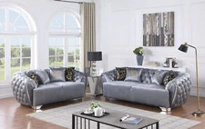 NEW 2PC Gray Silver Velvet Sofa Loveseat Tufted Modern Luxury Living Room Set