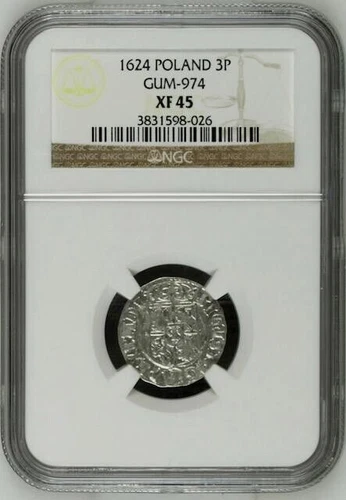 Poland Silver 3 Polker 1624 NGC XF 45 Gum - 974 Medieval Coin Cracow Mint