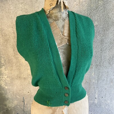 Vintage 1930s 1940s Green Wool Knit Deco Vest Sweater Cardigan Blouse Top 