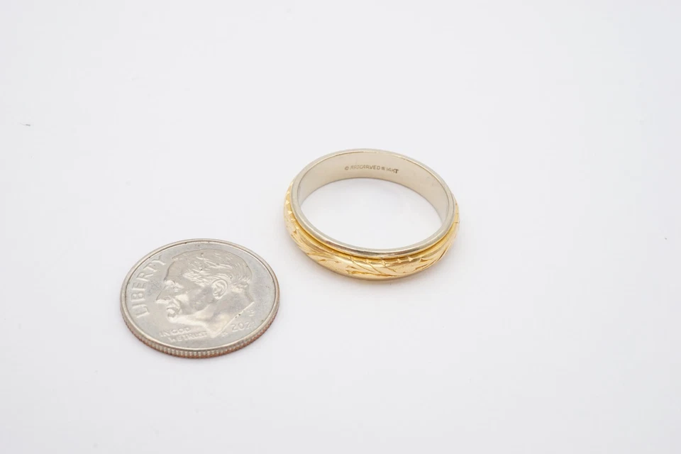 Vintage 14k White Gold Mens Wedding Band Ring Size 8.75 Carved Two Tone 4.5mm - Image 2 of 4