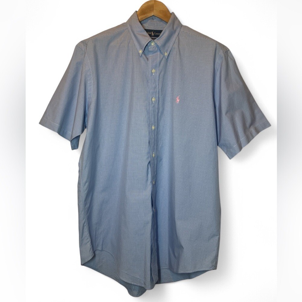 Polo Ralph Lauren vestibilità classica blu gingham rosa pony camicia manica corta uomo L