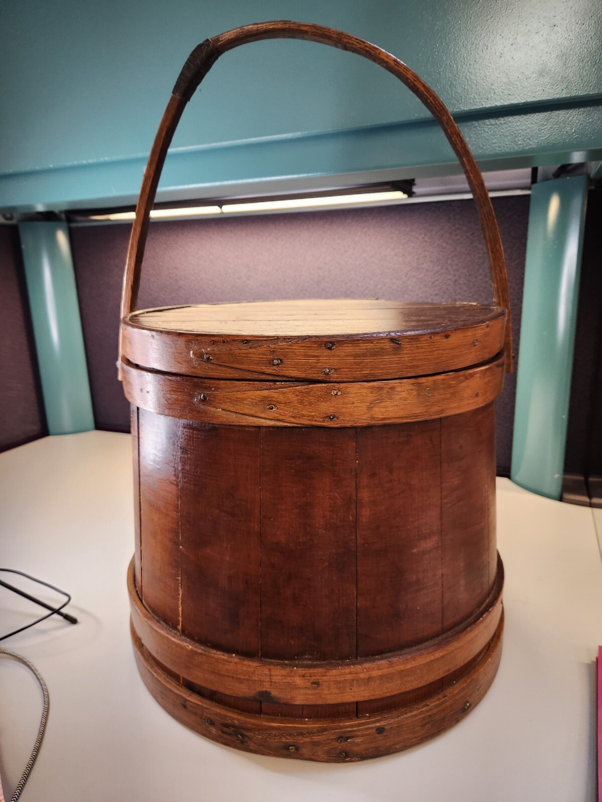 Antique Firkin Primitive Wooden Sugar Bucket with Handle 13.5" Tall