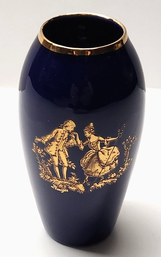 Mini florero de porcelana francesa Limoges azul cobalto dorado escena romántica - Imagen 1 de 6