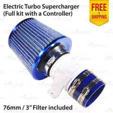 12V Performance BOOST Air Intake Supercharger Turbo In-line Blower BLUE Filter