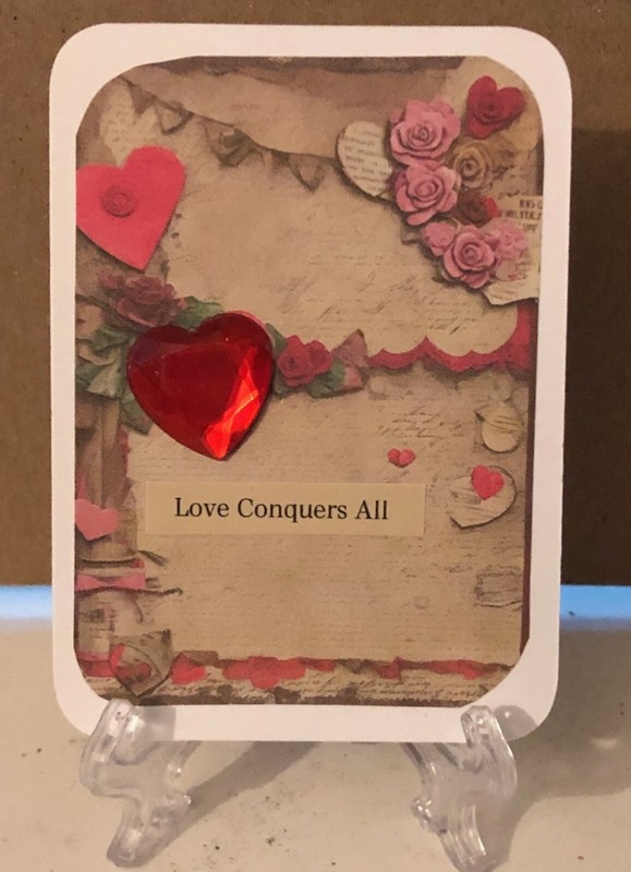 ACEO Art Trading Card ATC Original OOAK Gem Heart Love Conquers All Valentine