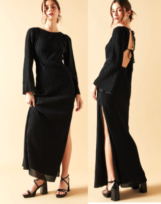 Audrey Parks & Francesca s Alana Black Pleated Maxi Dress Size Small  Open back