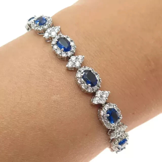 12Ct Oval Lab Sapphire Diamond Bracelet for Women in 14K White Gold Plated