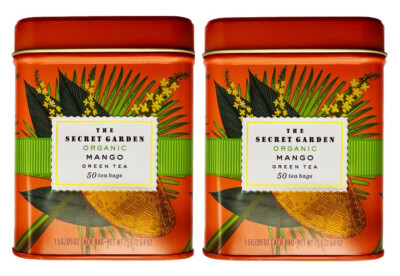 2 tins of 50 BAGS EACH THE SECRET GARDEN ORGANIC MANGO CEYLON GREEN TEA Exp.7/26