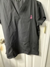 Cassandra O Breast Cancer Awareness Pink Ribbon Black Scrub Top Womens Size M