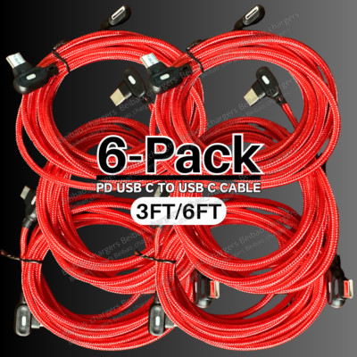 6X Lot 60W 6Ft 90 Degree Right Angle PD USB C Cable Fast Charge Android Charger