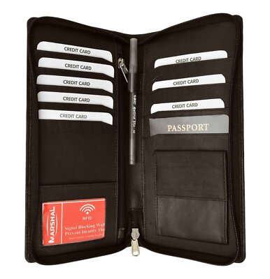 RFID Blocking Leather Travel Wallet Passport Plane Ticket Organizer Case Brown