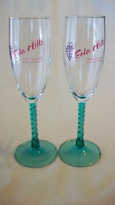 Pair of Green Spiral Stem Wine Glasses from Eola Hills Wine Cellar of Oregon