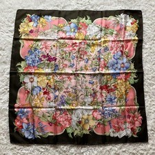 GUCCI Flora Bamboo Scarf Pink Black Silk Square 86cm Women Excellent Condition